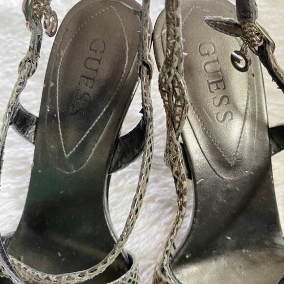 Vintage Guess Metallic Silver Snake Print Strapy Heels - Picture 12 of 14